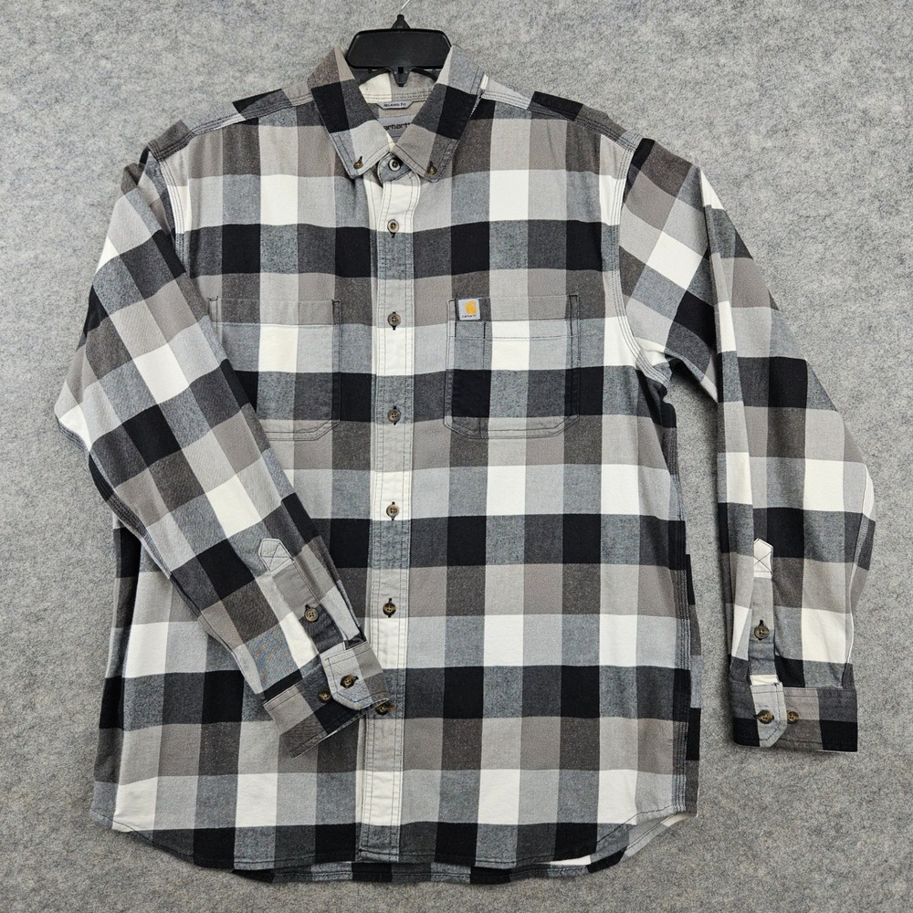 Carhartt Plaid Flannel Shirt Mens Large Gray Black Relaxed Fit Workwear Gorpcore - Picture 2 of 9